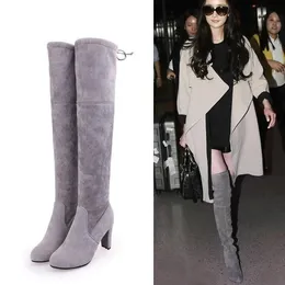 ارتداء أحذية على ركبة Women Boots Botas Mujer Invierno في تمدد الأقمشة العليا الكعب على أحذية مدببة إصبع القدم الطويل botte femme 231113