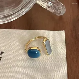 خواتم الزفاف 2023 الفرنسية الرجعية المربعة الزرقاء الزرقاء الخاتم الخاتم مزاج بسيط فتح المجوهرات النسائية