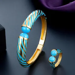 Halskette Ohrringe Set Zlxgirl Blaue und grüne Farbe Emaille Gold Armreif mit Ring Schmuck aus Damenpaar Geschenk aus feinem Naturstein