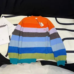 Kadın Sweaters Tasarımcı Sonbahar ve Kış Yeni Loe Güney Yağ Yüksek Ding Tembel Rüzgar Dopamin Renkli Stripes Şık Uzun Kısa Yuvarlak Boyun Örme Kazak V6G4
