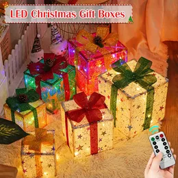 Juldekorationer 3st/Set Christmas Light Up Presentlådor med bågar och LED -nuvarande lådor Ornament Xmas Tree Decor Home Theme Party Supplies 231109