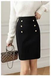 Spódnice moda spódnice w stylu koreańskim dla kobiety guziki vintage solidne zużycie ołówka ołówka dama biuro Biuro czarna spódnica 230413