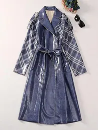 여자 트렌치 코트 외투 겨울 가을 가을 고품질 패션 파티 격자 무늬 레이스 업 캐주얼 세련