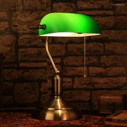 Table Lamps Classic Retro Green With Pull Chain Switch Glass Lampshade Alloy Bracket Bedroom Bedside Office Vintage Desk