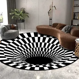 カーペット3D渦の幻想リビングルームの装飾のための丸いカーペットブラックホワイトグリッドカーペット大エリアラグベッドルームエントランスドアマットW0413