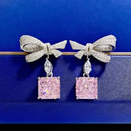 Bowknot Pink Diamond Dangle Earring 100% prawdziwy 925 Srebrny srebrny kolczyki na wesele dla kobiet Bridal Promise Biżuter