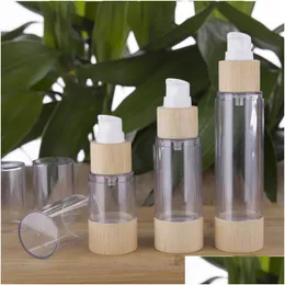 Garrafas de embalagem Atacado Garrafa de embalagem cosmética de bambu 20ml 30ml 50ml 80ml 100ml 120ml vazio bomba de vácuo sem ar para maquiagem crea dhbbp