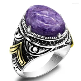 Anelli a grappolo Gioielli in vero argento Anello da uomo Viola naturale Pietra del drago Modello sterling 925 Punk Retro Regalo per uomini e donne