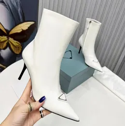 Designer boots top quality women side zipper leather pointed fashion boot casual 8.5cm high heel white triangle decoration autumn winter pump shoes