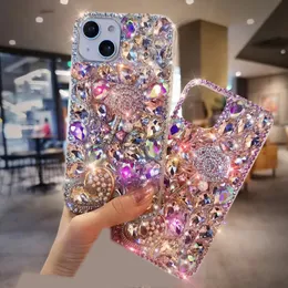 Luksusowy bling Diamond 3D Flower Case na iPhone 15 Pro Max 14 Plus 13 12 11 x xr xs 8 7 6 SE2 Kryształowy krystalicznie twardy akrylowy akrylowy PC Plastikowe miękkie tpu dhinestone dziewczęta tylna okładka