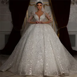 Princess Sparkly Wedding Dresses Ball Gown Illusion V Neck Long Sleeve Sequins Mariage Bridal Gowns Vestido de Noiva