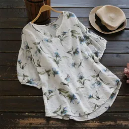 Women's Blouses Summer Shirt For Women 2023 Short Sleeve Floral Print Top Vinatge Plaid Large Size Cotton Linen Shirts Womens