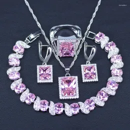 Conjunto de collar y pendientes, joyería de disfraz rosa cuadrada grande de princesa para mujer, anillo colgante con pulsera en la tienda