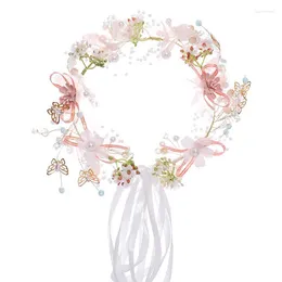 Headpieces Romantic Women's Fairy Hair Crowns Wreath Sweet Farterfly Flower Hairband Crown With Ribbon Party Bridal pannbandsmycken