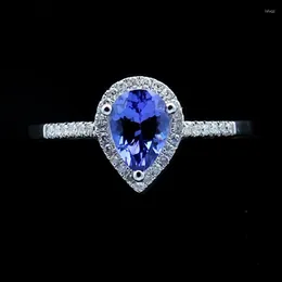 Klusterringar Helon Solid 10K White Gold Pear Cut 0,9ct Tanzanite Diamonds Engagement Wedding Ring for Women Birthday Anniversarry