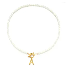 Anhänger Halsketten MinaMaMa Edelstahl Fuax Perle Initiale Halskette Für Frauen Alphabet Choker Kragen Anpassen Buchstaben Name Schmuck