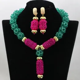 Brincos de colar Set Set Only Teal Green Crystal Pingente Fuchsia Pink African Beads Jewelry Party Gift Free Ship QW042