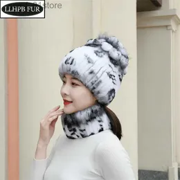 Hats Scarves Sets Winter Real Rex Rabbit Fur Hat Scarf Sets Women Knitted Thick Real Rex Rabbit Fur C Scarves Outdoor Warm La 100% Natural FurL231113