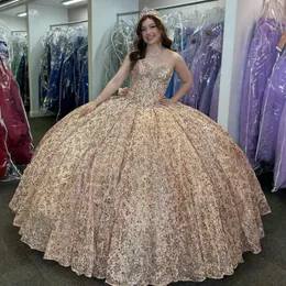 Sparkly Rose Gold Ball Gown Quinceanera klänning med Bow Sweetheart Applique Bead Crystal Birthday Party Sweet 15 Vestidos de 15 Anos