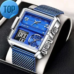 Lige Luxury Men Digital Sports Watches LED Square Dialog Analog Quartz Wrist Watchマルチタイムゾーン防水ストップウォッチ男性時計