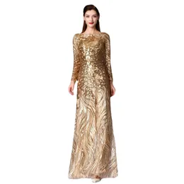 Långa ärmar kvinnors formella prom aftonklänning paljett guld lång fest klänning ceremoni klänning mors formella klänning