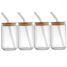 Copos de vinho jarra de pedreiro 4pcs xícaras com tampa de bambu e palha de vidro Wide Bouth Design portátil para chá de café gelado de chá bolha suco de café