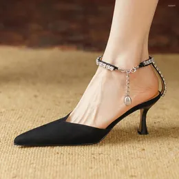 Sandaler, naturlig mocka för kvinnor, tunn högklackad fotledsrem med spetsig tå Elegant Kristall aftonklänning för damer Pumps Skor