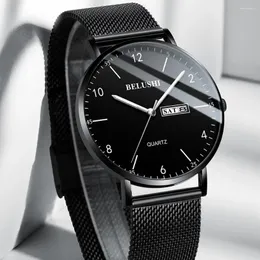손목 시계 2023 판매 검은 색 스틸 메쉬 손목 시계 날짜 주간 전시 내 빛나는 남성 시계 간단한 시간 울트라 얇은 쿼츠 남성을위한 시계