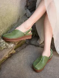 Sandals Artmu Retro Hollow Out For Women Green 4cm Wedges Closed Toe Genuine Leather Luxury Shoes Girls Thick Heel