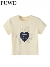 Damska koszulka PUWD damska beżowa Retro O Neck Cartoon koszulki z nadrukami letnia moda damska Casual Girls dzianinowy miękki bawełniany top 230413