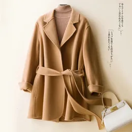 Женская смесь шерсти, корейская версия, свободная талия, кружево, двустороннее кашемировое пальто, шерстяное женское пальто, цена по прейскуранту завода-изготовителя 231113