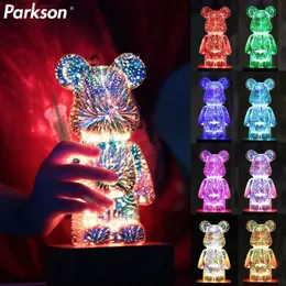 Night Lights LED 3D Firework Bear LED Night Light Color Changeable Ambient Lamp USB Projector Lamp For Bedroom Home Room Birthday Kids Gift Q231114