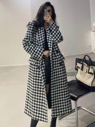 Wool wełna miesza płaszcz houndstooth kobiety vintage sztuczne płaszcz żeńskie jesień zima gruba ciepła kurtka Koreańska moda długa mieszanka płaszcza 231114