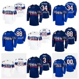 SJ USA 2022 Winter Hockey Jersey 34 Auston Matthews 88 Patrick Kane 9 Jack Eichel 19 Matthew Tkachuk 3 Seth Jones 43 Quinn Hughes 23 Adam Fox