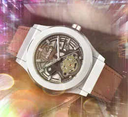 Top Brand Men Auto Date Cool Watch Japan Quartz Movement Chronograph Clock Retro äkta läder Buckle Waterproof President Cool Hollow Skeleton Dial Watches