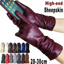 Gants à cinq doigts Gants en peau de mouton de couleur de haute qualité en cuir véritable dames hiver chaud tricoté laine flanelle doublé écran tactile 231114