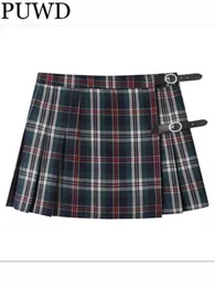 Skirts PUWD Casual Women Multi Soft Cotton Plaid Pleated Mini 2023 Summer Vintage High Waist Leather Buckle Female Bottoms Chic 231114