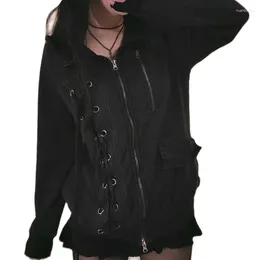 Damen Hoodies Herbst Langarm Reißverschluss Sweatshirt 2000er Retro Y2K Grunge Cross Bandage Hoodie 90er Vintage Ästhetische Jacke Mantel
