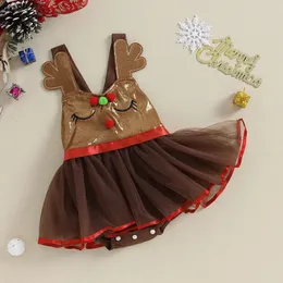 Sets Tregren 0 24M born Infant Baby Girls Christmas Deer Romper Dress Tulle Patchwork Sleeveless Bodysuit Cute Festival Clothes 231113