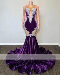 Purple Mermaid Sexy Veet Black Girl Prom Dress 2023 Spetsapplikationer Pärlor Sheer Mesh Graduation Party Gowns Robe de Bal