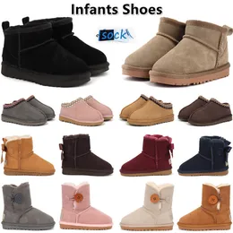 Kleinkinder Kinderstiefel Tasman Kid Hausschuhe Junge Mädchen Klassisches Leder Winter Schnee Ultra Mini Booties Kinder Kleinkind Pelz Pelziger fester Stiefel mit Schleifen Knopf Plateauschuhe