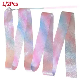 Dance Ribbon 12pcs 2M4M Art Gymnastics Ballet Dance Ribbon with Twirling Stick Kid Flashing Glitter Sport Performance Strip Stage Show Prop 231113