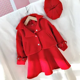 Girl's Dresses Christmas Girls Costume Korean Version Vest Kjol Woolen Jacket Hat 3st Set Long Sleeve Winter Children's Clothing 2 till 6 Y 231114