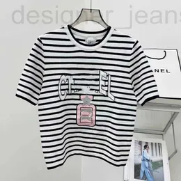 Women's Knits & Tees designer Age reducing Fashion Brand 2023 Summer New Embroidery perfume Bottle Black and White Stripe Short Sleeve T-shirt Top Women HLJ3