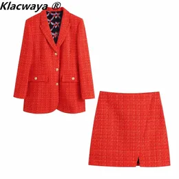 Vestido de duas peças klacwaya feminina moda de duas peças conjunto de estampa vintage tweed blazer casaco feminino mini -saia fêmea mini -saia chic terno l230413
