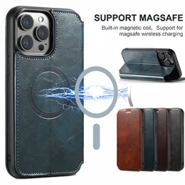 Luxury Designer Leather Wallet Phone Case For iPhone 15 14 Pro Max 14Plus 13 12 11 Promax For MagSafe Strong Magnetic Wireless Charging Kickstand Shockproof Cover