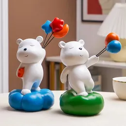 Decorative Objects Figurines Nordic Resin Bear with Balloon Ornament Creative Cute Animal Crafts Home Office Desk Decoration Lovely Healing S 231114