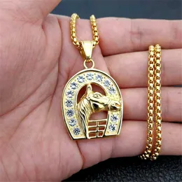 Anhänger Halsketten Hip Hop Iced Out Bling Hufeisen mit Pferdekopf Anhänger Halskette für Männer / Frauen Goldfarbe Edelstahl Jockey Club Schmuck T230413