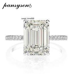 PANSYSEN Real 925 Sterling Silber Smaragdschliff Erstellt Diamant Eheringe für Frauen Luxus Vorschlag Verlobungsring 201116