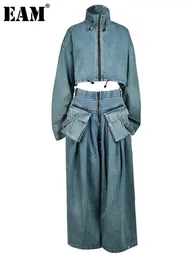 Kvinnor S Two Piece Pants Eam Blue Suit Denim Jacket Big Size Wide Leg Stand Collar Women Fashion Spring Autumn 2023 CPG0370 231113